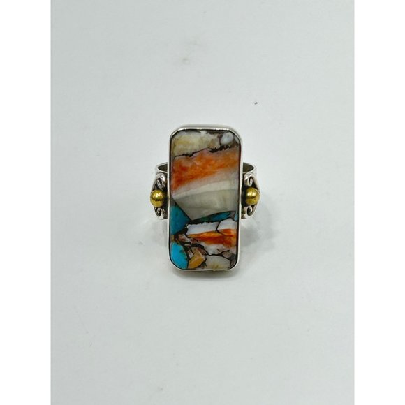 Colorful Natural Spiny Oyster Turquoise Gemstone Ring Size 6.75 Sterling Silver - Picture 2 of 8